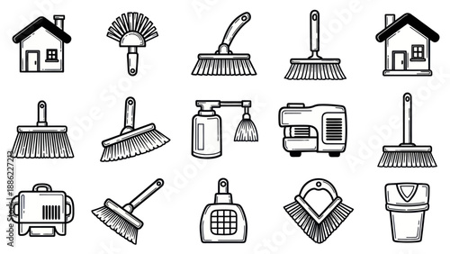 Set of cleaning tools and home icons in black and white style