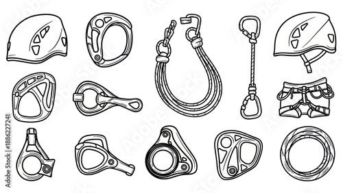 Set of climbing equipment in detailed line art style isolated on white