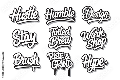 Set of Motivational Hand Lettering Typography Quotes and Urban Street Style Words for Apparel Design and Social Media Content Assets