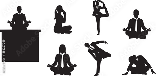 Black Solid Business Meditation Silhouettes Set of Six on White Background