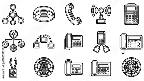 Set of communication devices icons telephones signals networks and connections