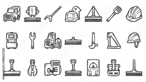 Set of construction tools and equipment icons against a white backdrop