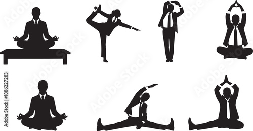 Black Solid Business Meditation Silhouettes Set of Six on White Background