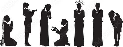 Black Solid Woman Praying Silhouettes Set of Six on White Background