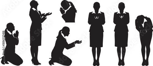 Black Solid Woman Praying Silhouettes Set of Six on White Background