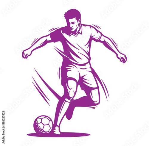 Soccer player kicking the ball action illustration in a dynamic purple and white design