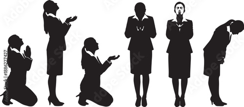 Black Solid Woman Praying Silhouettes Set of Six on White Background