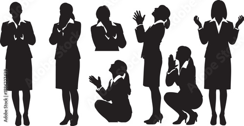 Black Solid Woman Praying Silhouettes Set of Six on White Background