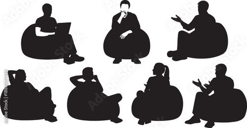 Black Solid Casual Beanbag Meeting Silhouettes Set of Six on White Background
