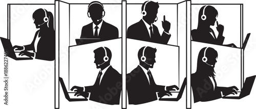 Black Solid Call Center Agent Silhouettes Set of Six on White Background