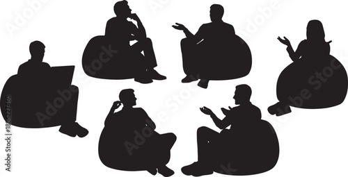 Black Solid Casual Beanbag Meeting Silhouettes Set of Six on White Background