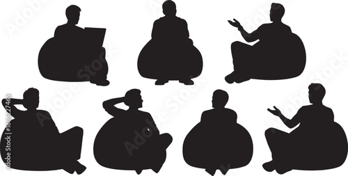 Black Solid Casual Beanbag Meeting Silhouettes Set of Six on White Background