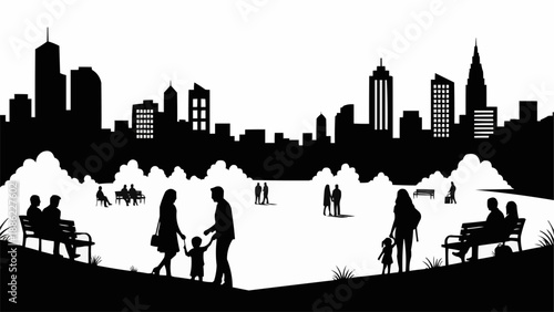 Silhouetted Cityscape with Families Enjoying a Park.