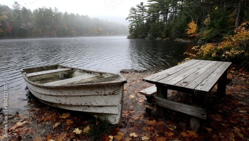 Wallpaper Mural A weathered boat rests by a picnic table, near water, and autumn foliage on a foggy day Torontodigital.ca