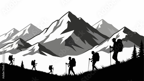 Silhouetted hikers with backpacks trekking up a mountain trail.