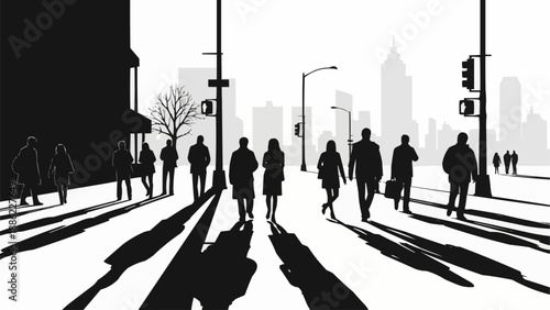 Silhouetted people walking on a city street during the day.