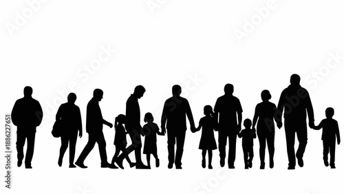 Silhouettes of a diverse group of people walking together.