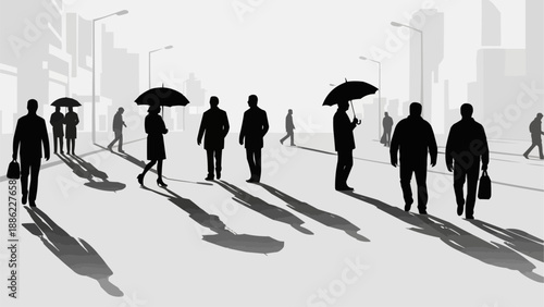 Silhouetted people walking with umbrellas on a sunny day.