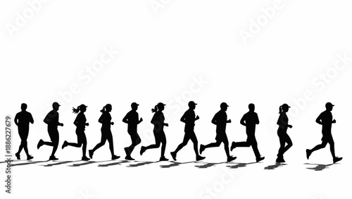 Silhouettes of a group of diverse runners in motion on a white background.