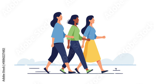 Three Diverse Young Women Walking Together in Unity Flat Illustration