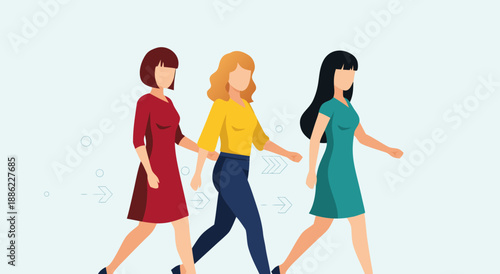 Three Diverse Women Walking Forward Together with Arrow Symbols Illustration