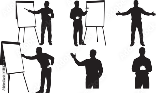 Black Solid Corporate Trainer Silhouettes with Flipcharts Set