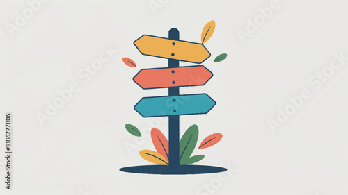 Vibrant minimalist illustration of a multi-directional signpost, symbolizing life's choices, decision-making, and navigating paths forward. A concept of direction and new opportunities