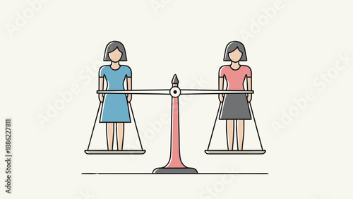 Two Women Standing on Equal Scales Representing Gender Equality Illustration
