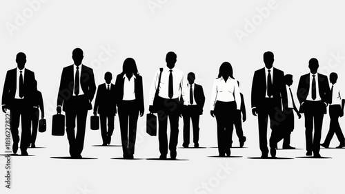 Silhouettes of business people walking forward together.