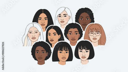 Collection of Diverse International Women Portraits in Circular Composition Illustration