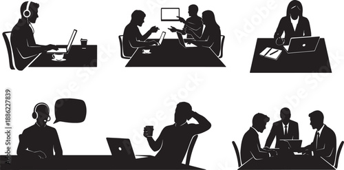 Black Solid Coworking Space Silhouettes Set of Six on White Background