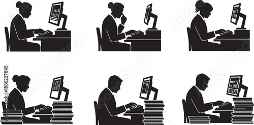 Black Solid Data Entry Clerk Silhouettes Set of Six on White Background