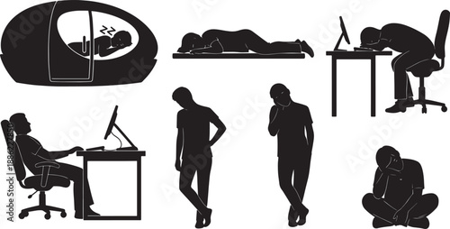 Black Solid Office Power Nap Silhouettes Set of Six on White Background