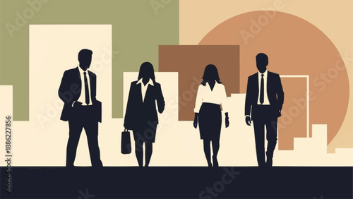 Silhouettes of business people walking in a city.