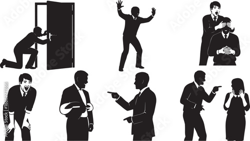 Black Solid Office Prank Silhouettes Set of Six on White Background