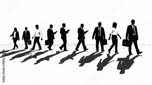 Silhouettes of business people walking in a line with shadows.
