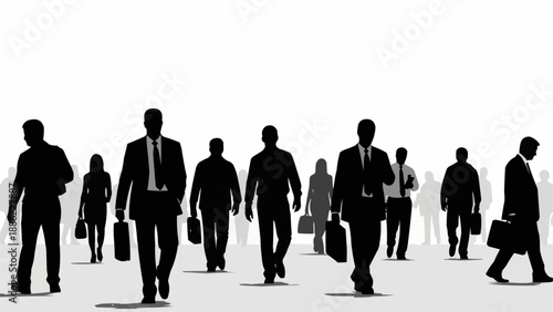 Silhouettes of business people walking in an urban environment.