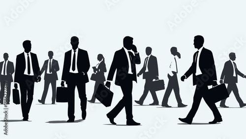 Silhouettes of business people walking in suits carrying briefcases.