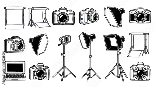 Photography equipment collection cameras softboxes and backgrounds