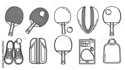 Ping pong equipment collection rackets balls shoes and accessories