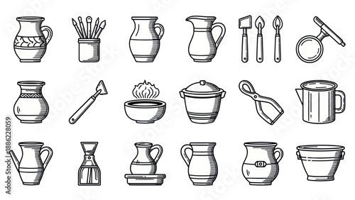 Pottery tools and ceramic vessels illustration set isolated on white