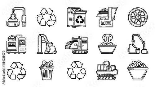 Recycling and industrial equipment icons in outlined monochrome style