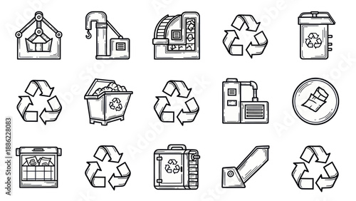 Recycling icon set industrial machinery waste bins and symbols in black and white