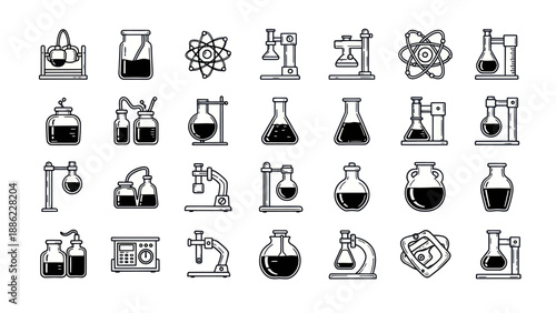Science lab equipment vector illustration of beakers flasks and experiments