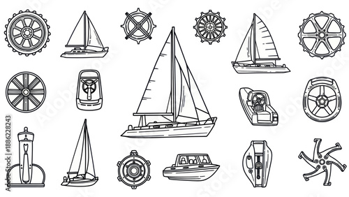 Nautical elements collection sailboats wheels and related isolated vectors
