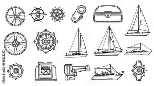 Nautical icons set steering wheels boats and accessories isolated