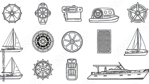 Nautical icons set various boat steering wheel and related objects