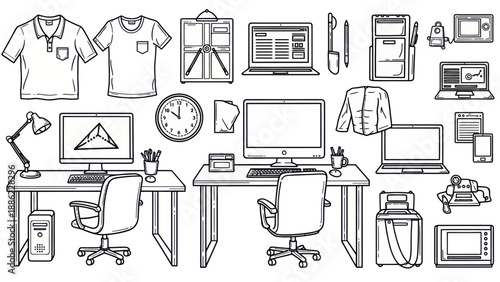Office workspace and apparel set with computers accessories and clothing
