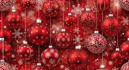 Red Christmas Ornaments and Snowflakes Festive Background