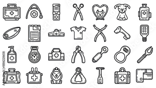 Medical and grooming supplies for pets outlined in simple monochrome style